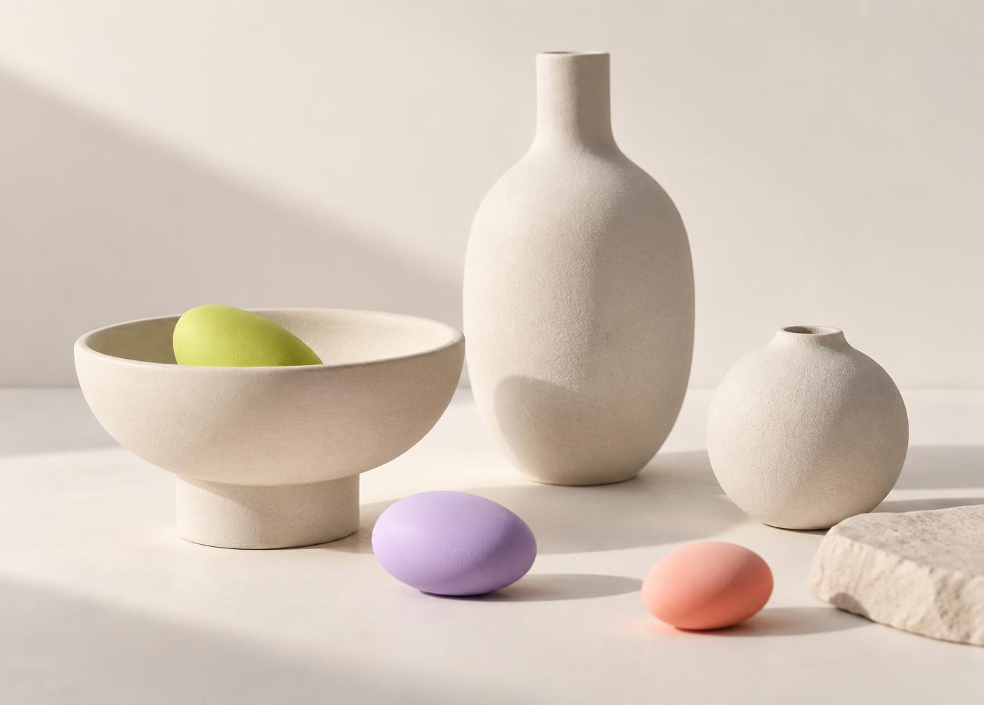 Calm ceramic still life in porcelain, mint, lavender and coral